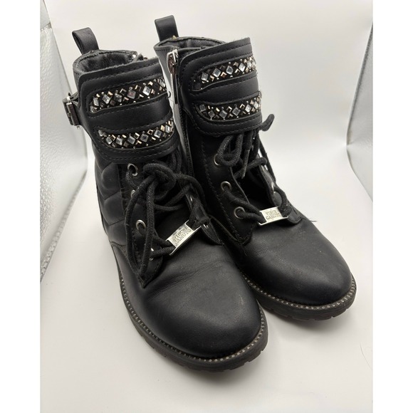 Vince Camuto Other - Vince Camuto Kids Black Rhinestone Wing Combat Boots Side Zip Lug Sole Size 10